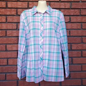 Talbots Long Sleeve Button Up Shirt L Plaid Pink Teal Collar Cotton Lightweight